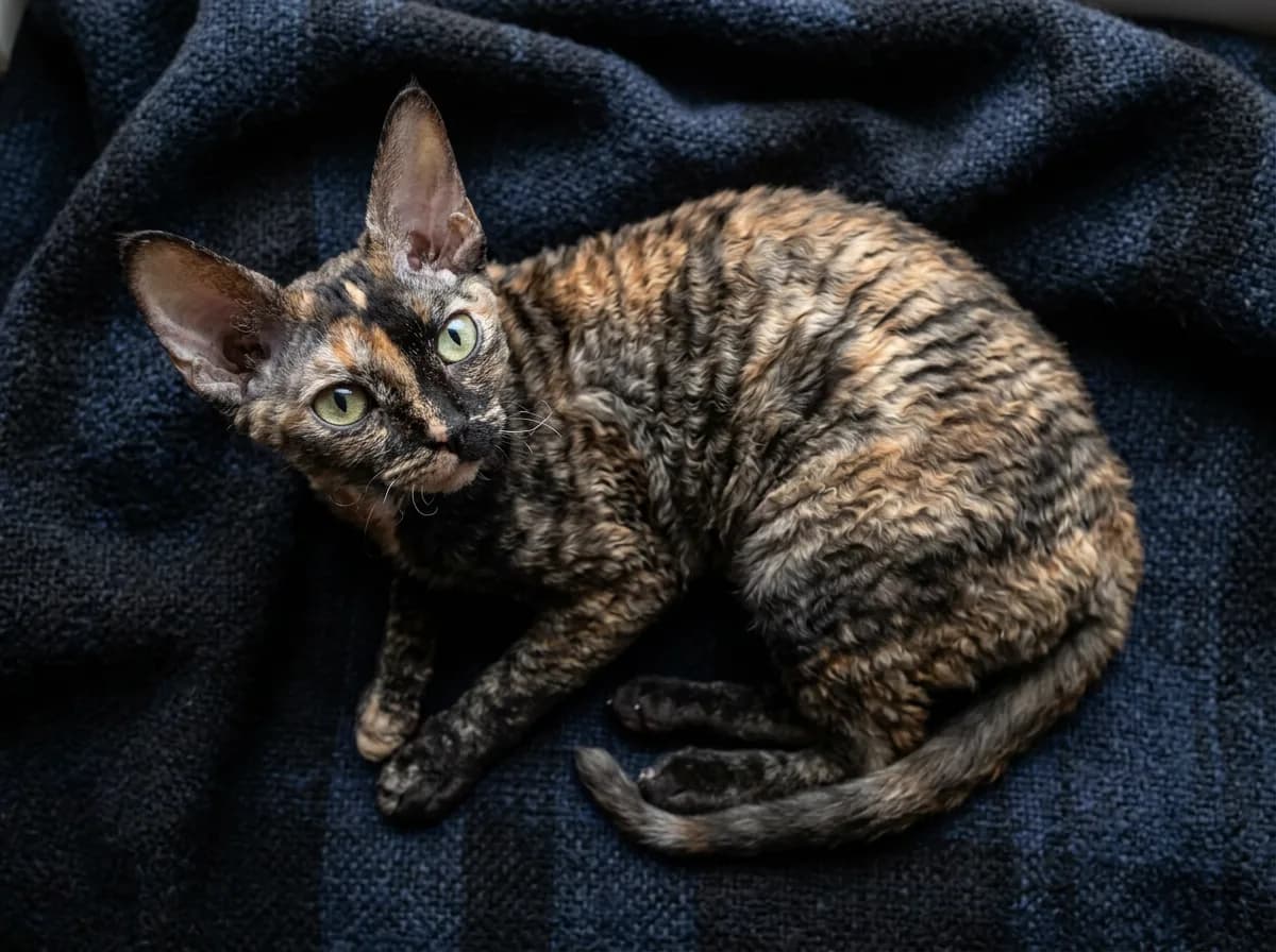 Tortoiseshell Devon Rex cat lying on a dark throw seen from above