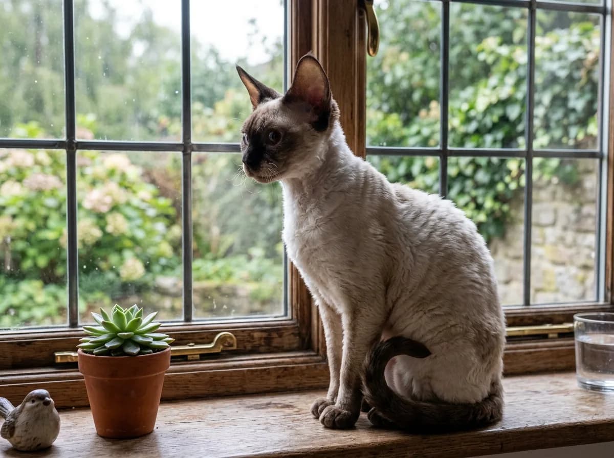 Seal point Devon Rex cat with dark points sitting on a windowsill