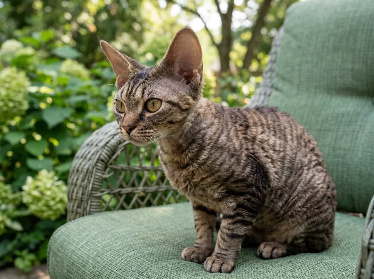 Brown tabby Devon Rex cat on a chair showing rippled tabby pattern