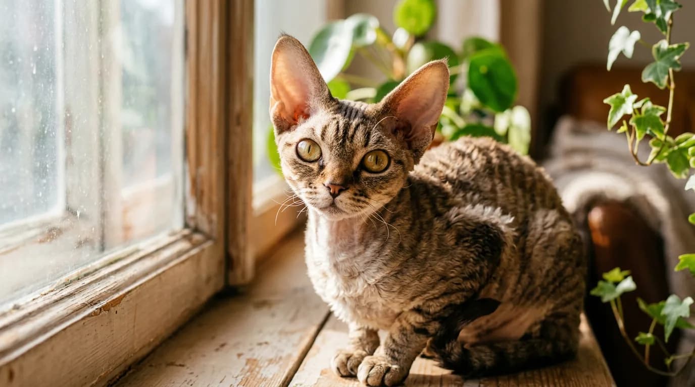 Devon Rex cat with large low-set ears and short wavy coat sitting in soft window light