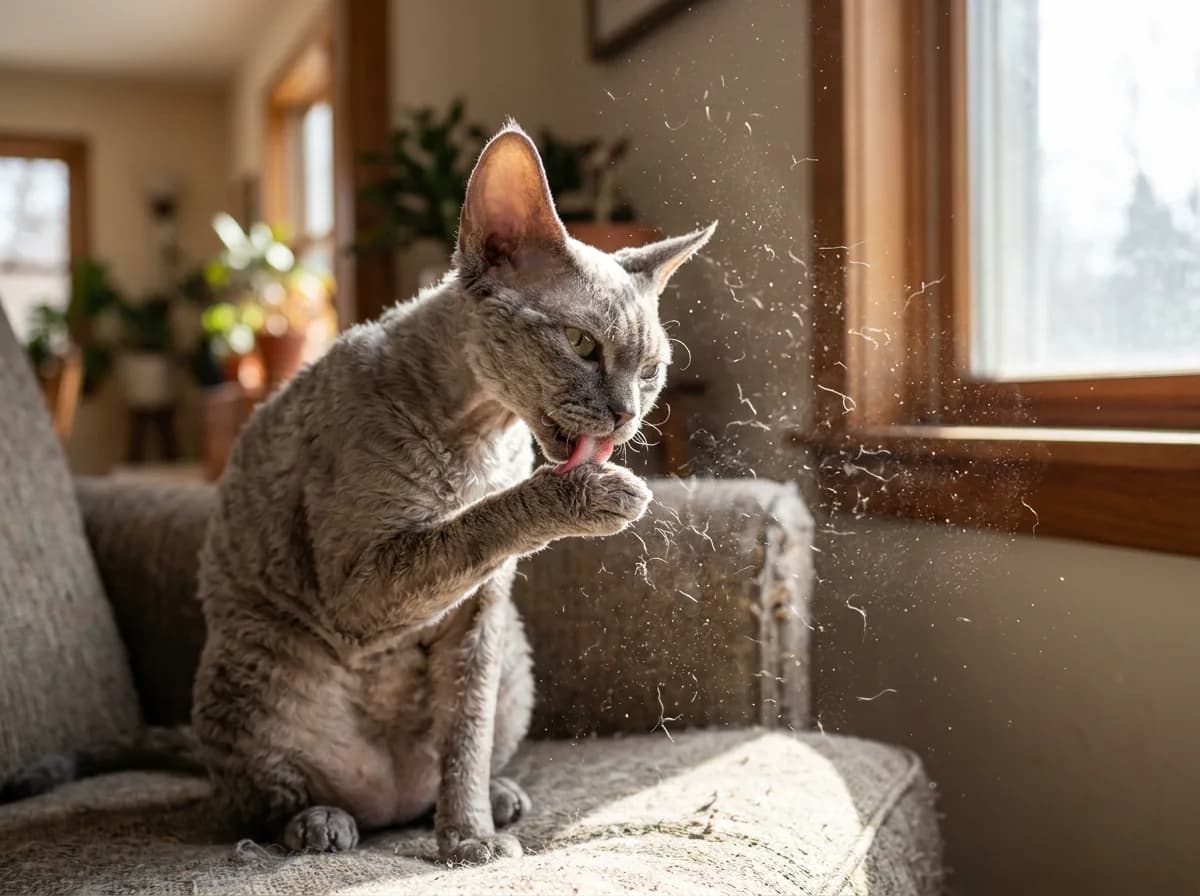 A Devon Rex grooming itself with loose hairs and dander visible in a sunbeam, showing how the Fel d1 allergen spreads