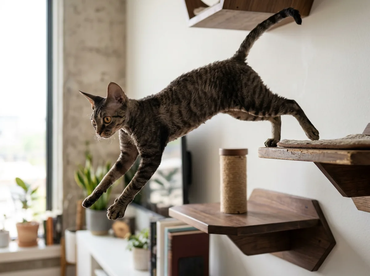 Slender athletic Devon Rex leaping during play on a cat shelf