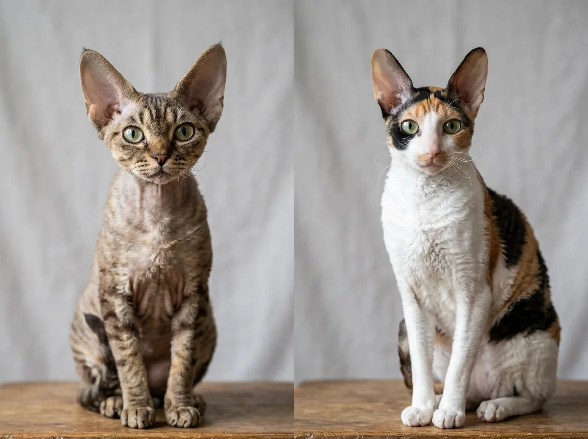Side-by-side comparison of a Devon Rex and a Cornish Rex showing ear size and coat differences