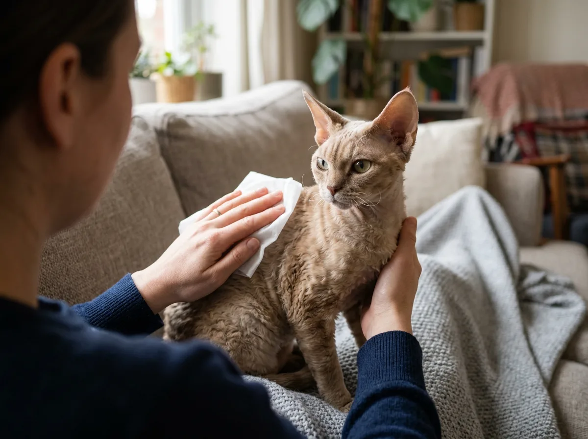 Owner wiping down a calm Devon Rex with a pet wipe to reduce allergens at home