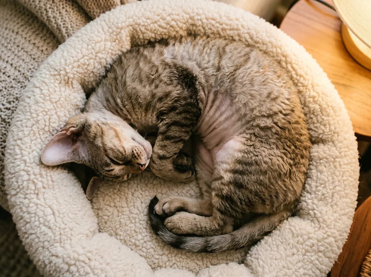 Devon Rex curled asleep in a fleece bed with thin fur visible on its head and belly
