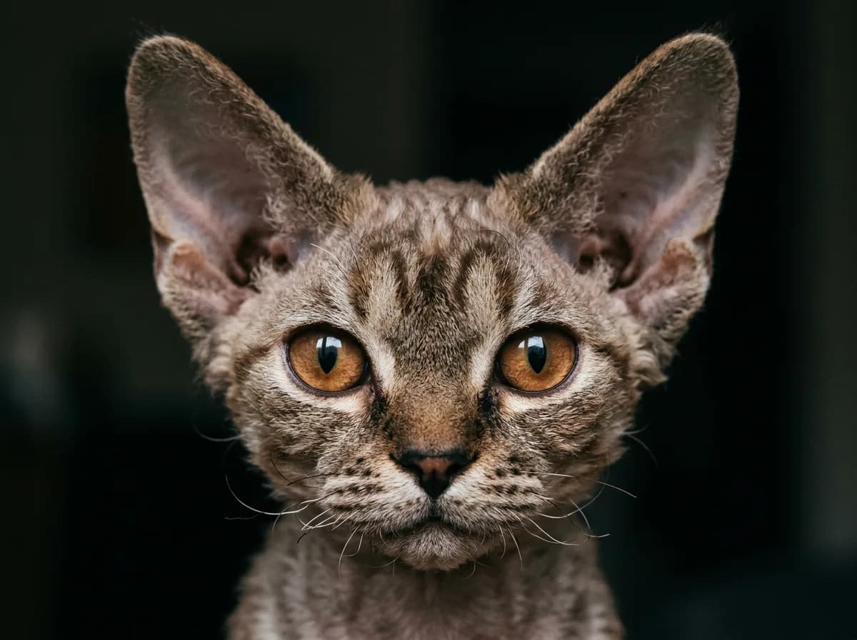 Head-on close-up of a Devon Rex face showing huge ears, curled whiskers and large eyes