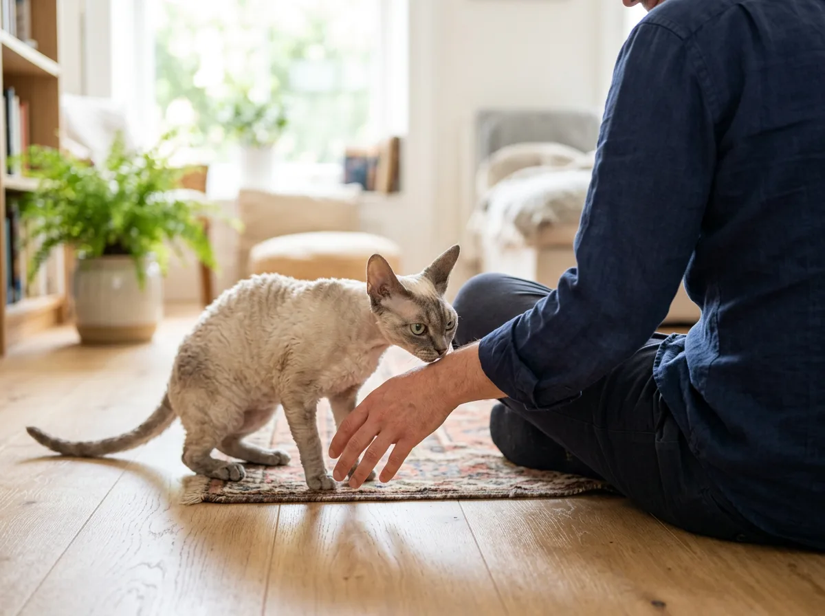 Person letting a Devon Rex approach their hand during a pre-adoption allergy test visit