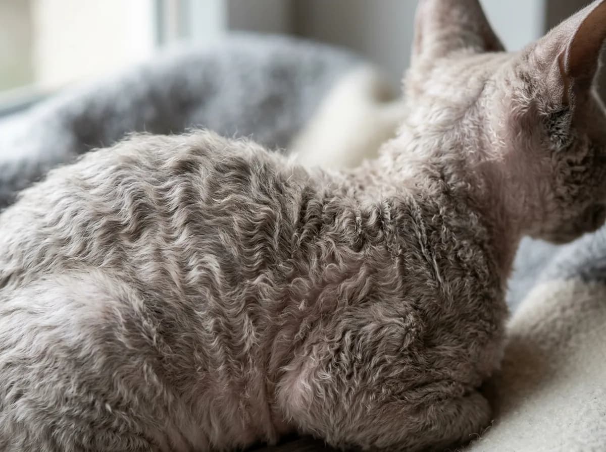 Close-up of a curly Devon Rex kitten coat showing soft wavy suede texture