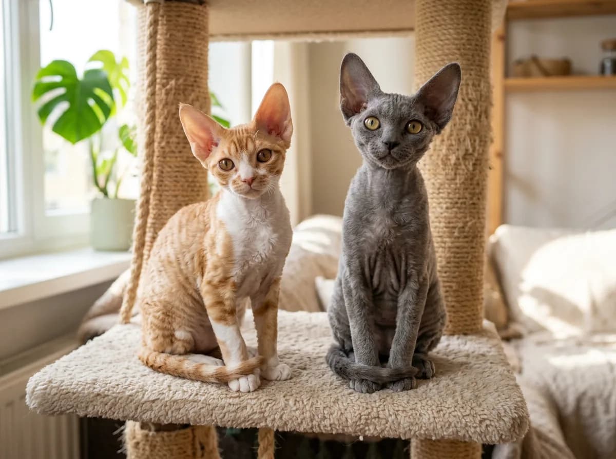 Two Devon Rex kittens of different colors sitting together on a cat tree