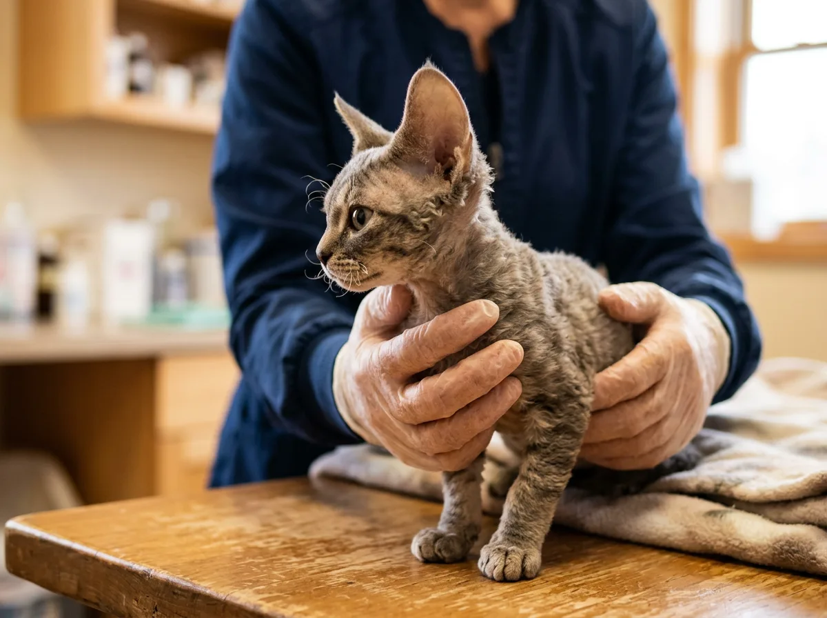 Person gently holding a Devon Rex kitten during a health check