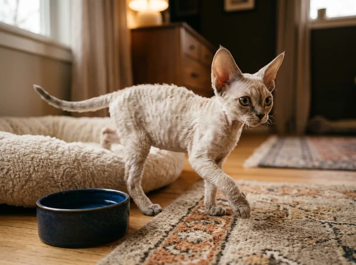 Devon Rex kitten exploring a new home next to a bed and water bowl