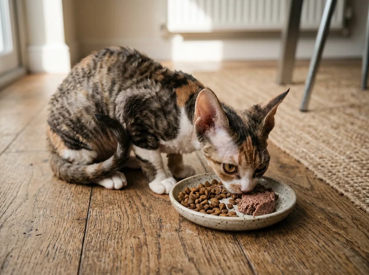 Devon Rex kitten eating kitten food from a shallow dish