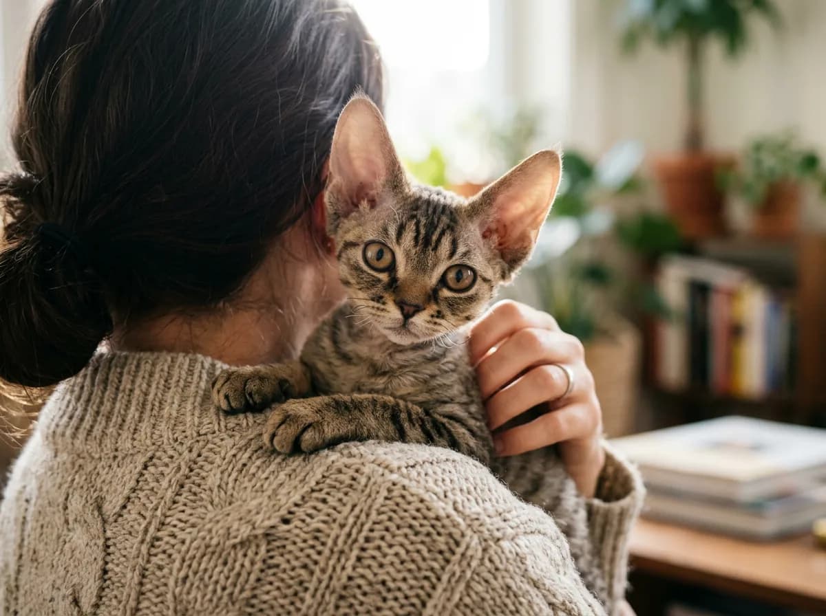 A clingy Devon Rex kitten perched on a person's shoulder, seen from behind
