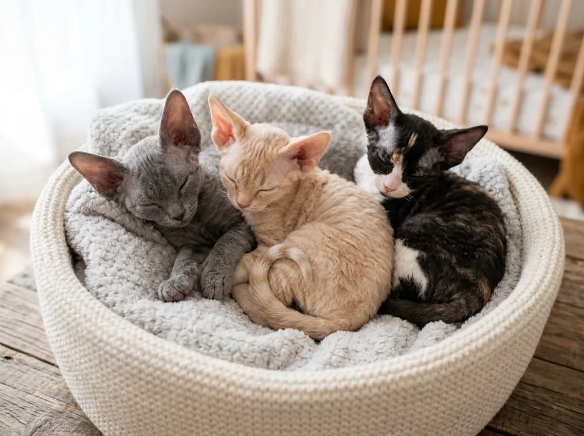 A litter of three Devon Rex kittens of different colors piled together in a basket