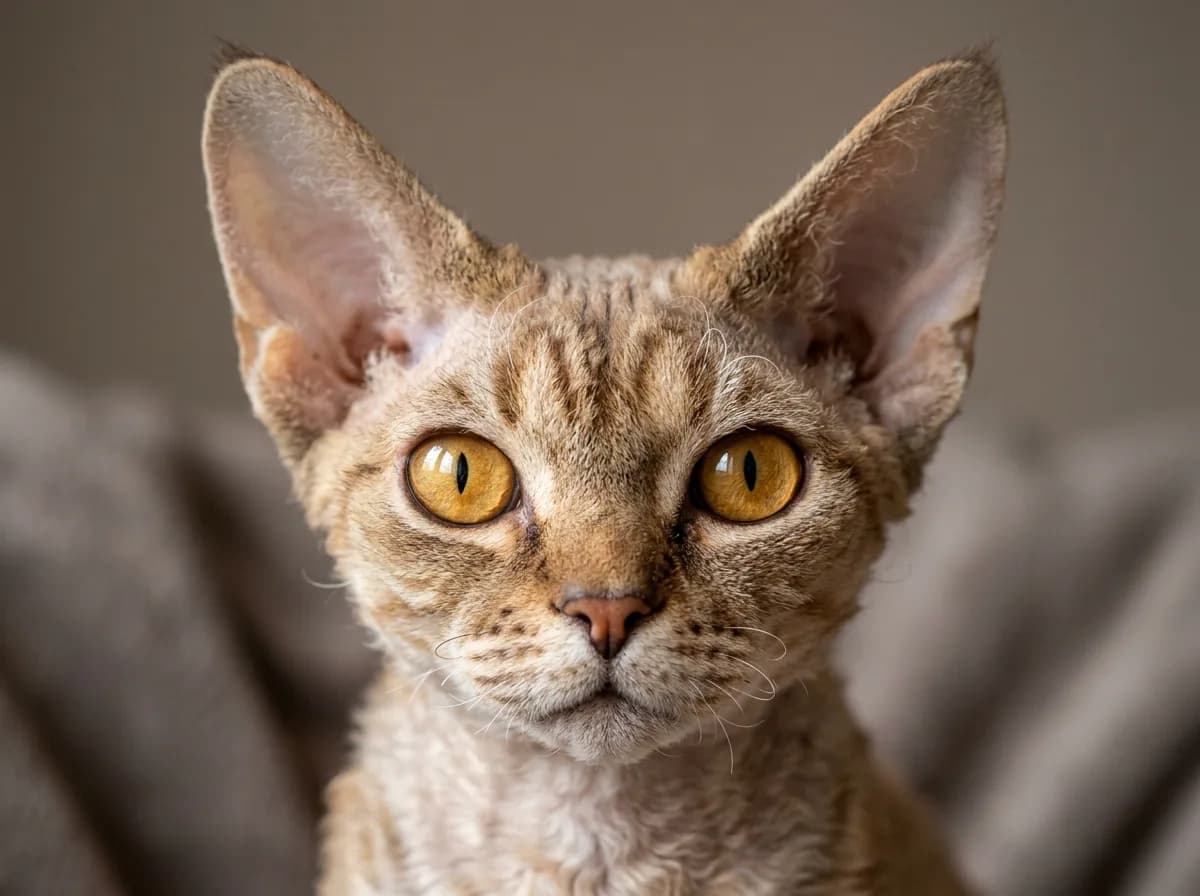 Close-up of a Devon Rex elfin face with prominent cheekbones and large eyes