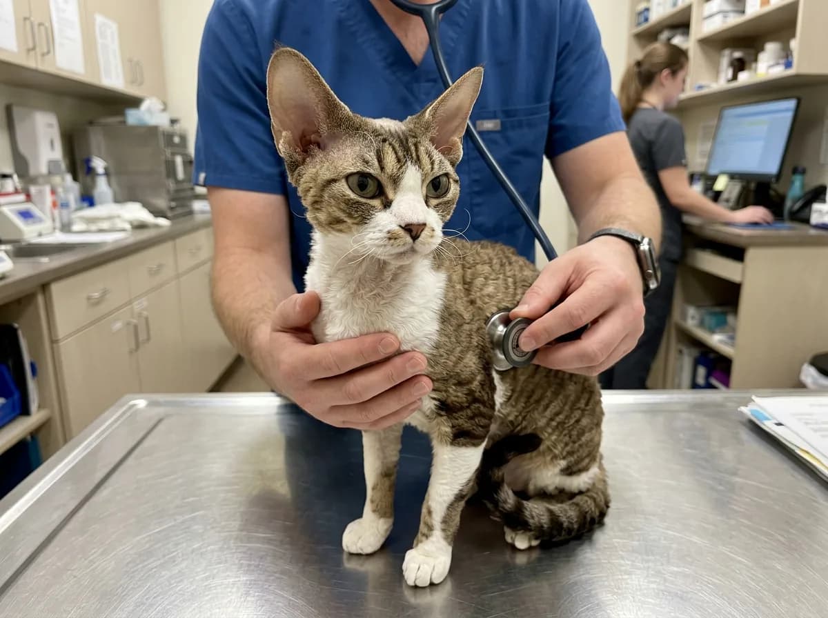 Veterinarian listening to a Devon Rex heart during a cardiac screening exam