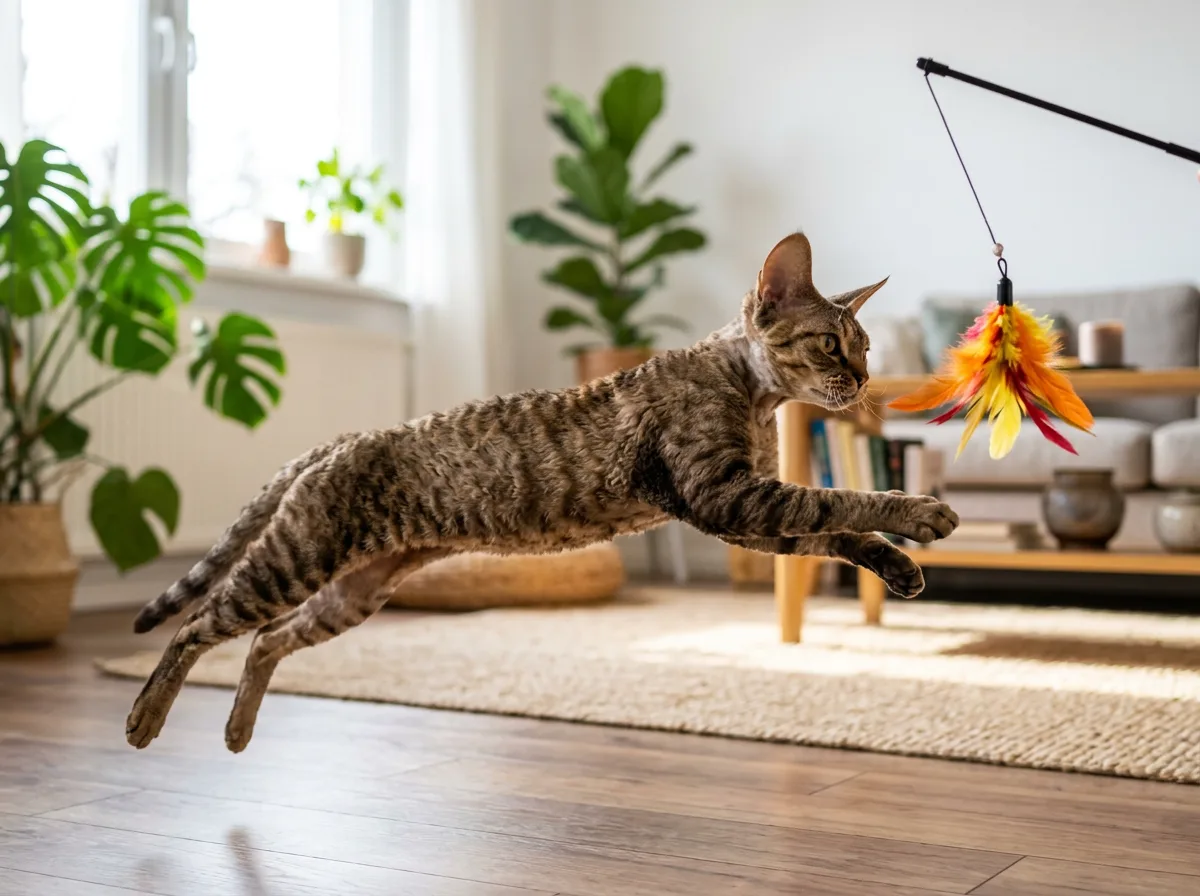Active Devon Rex leaping for a feather toy in a bright living room