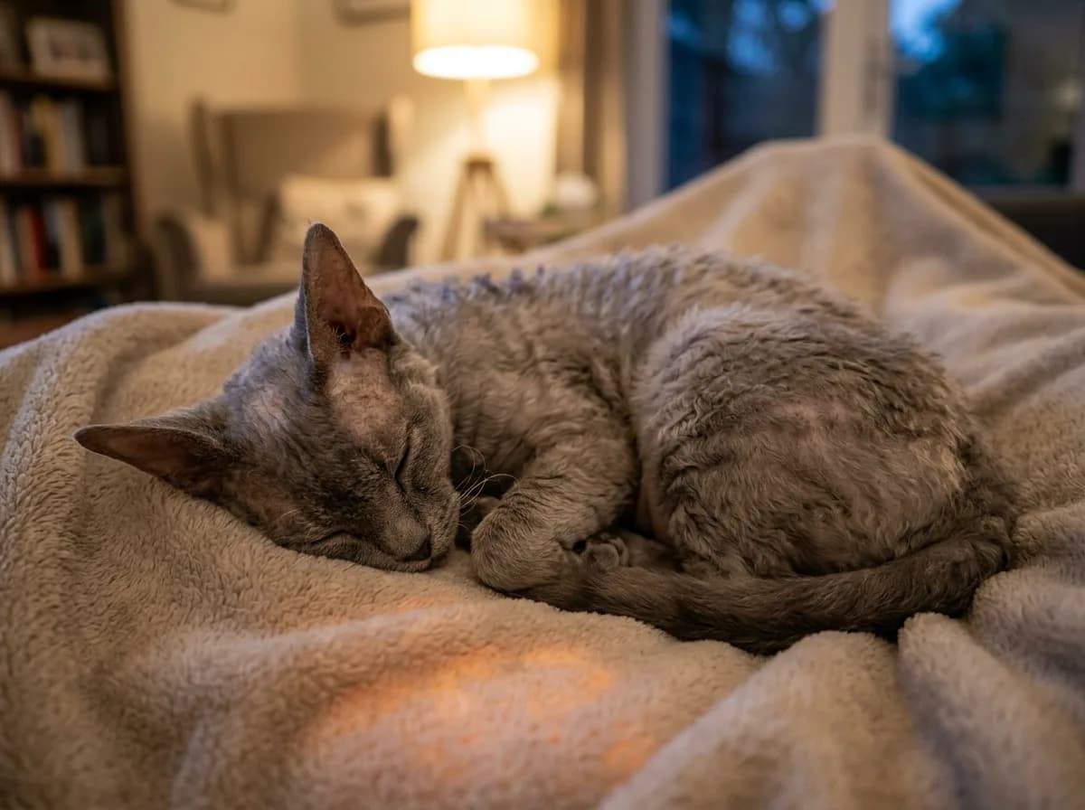 Senior grey-muzzled Devon Rex resting on a warm blanket in soft evening light
