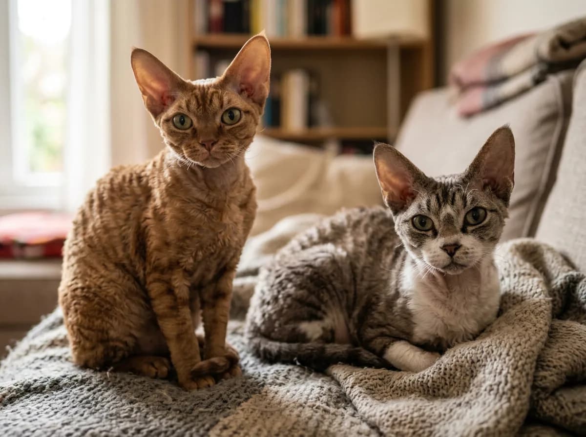 A young adult Devon Rex beside a senior Devon Rex showing life stages