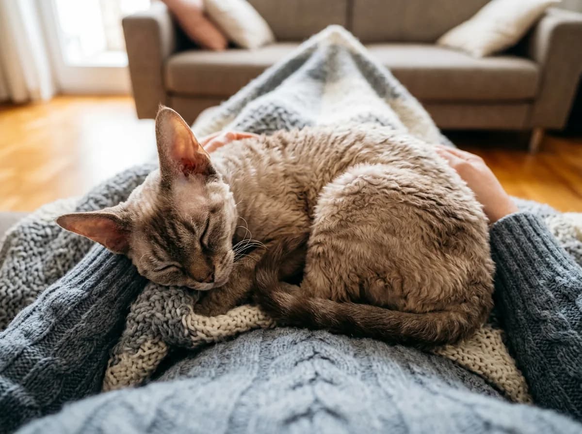 Affectionate Devon Rex curled up sleeping on its owner's lap indoors