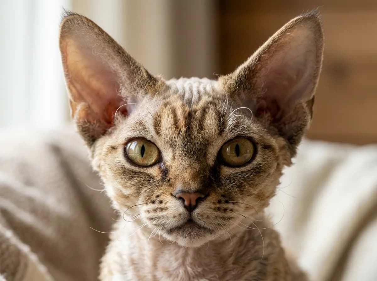 Close-up of a Devon Rex face with oversized ears and large expressive eyes