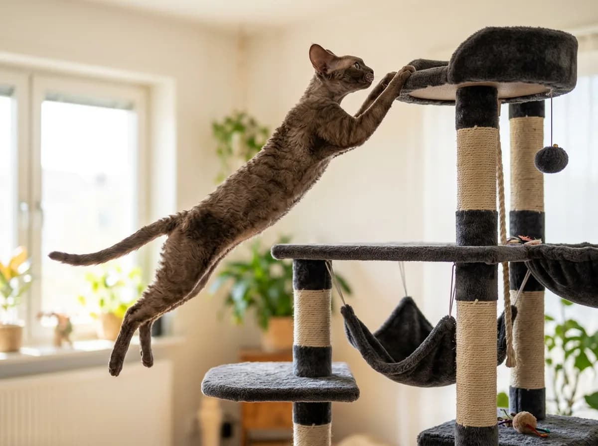 Devon Rex cat leaping to the top of a tall cat tree