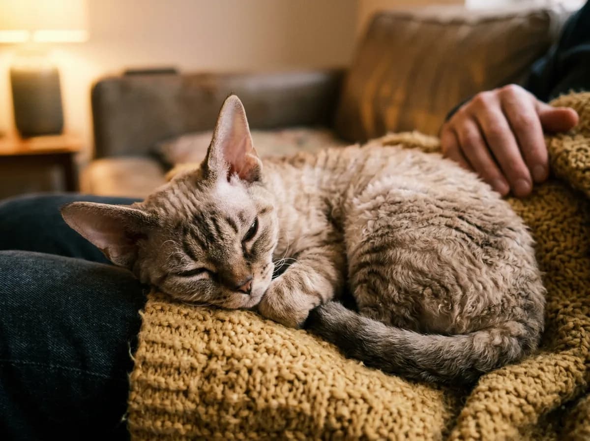 Devon Rex cat curled up and sleeping in a person's lap under a blanket