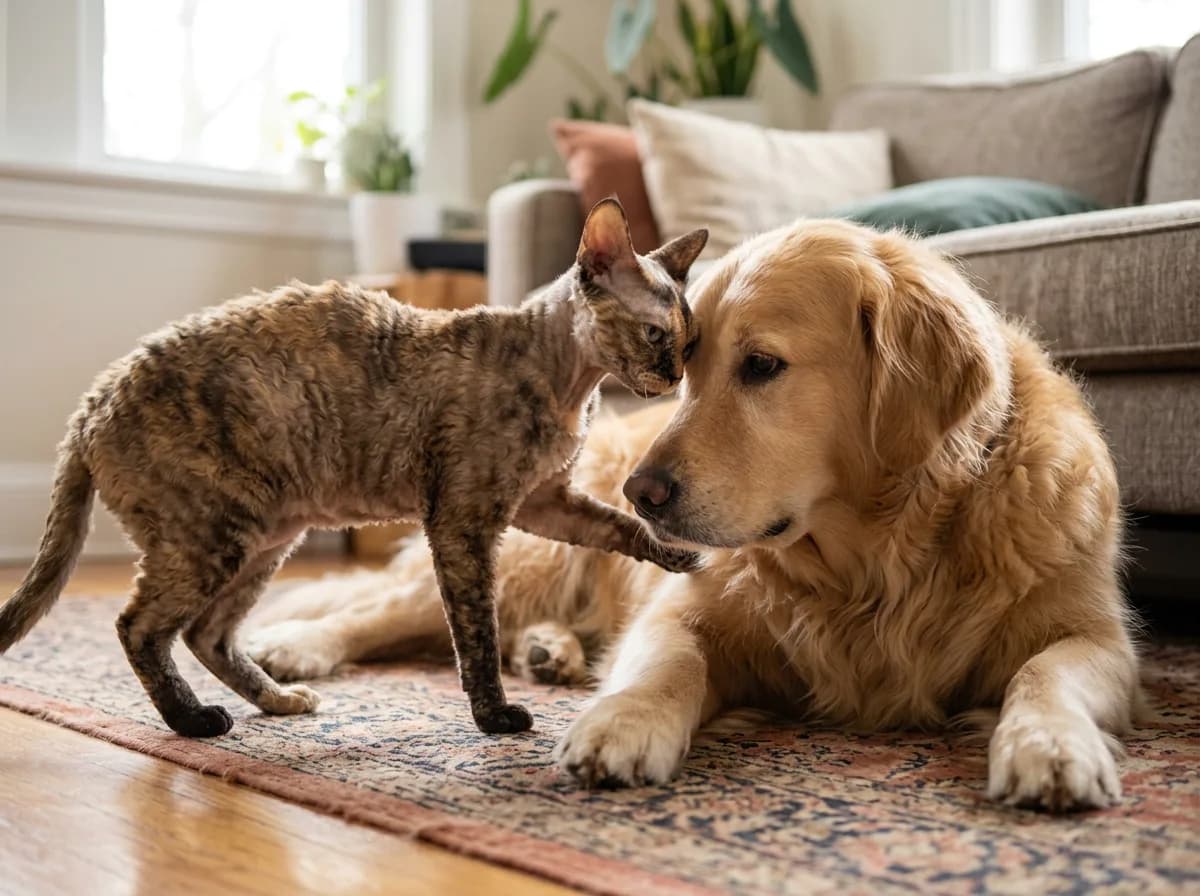 Devon Rex cat sitting beside a relaxed dog on a living room floor
