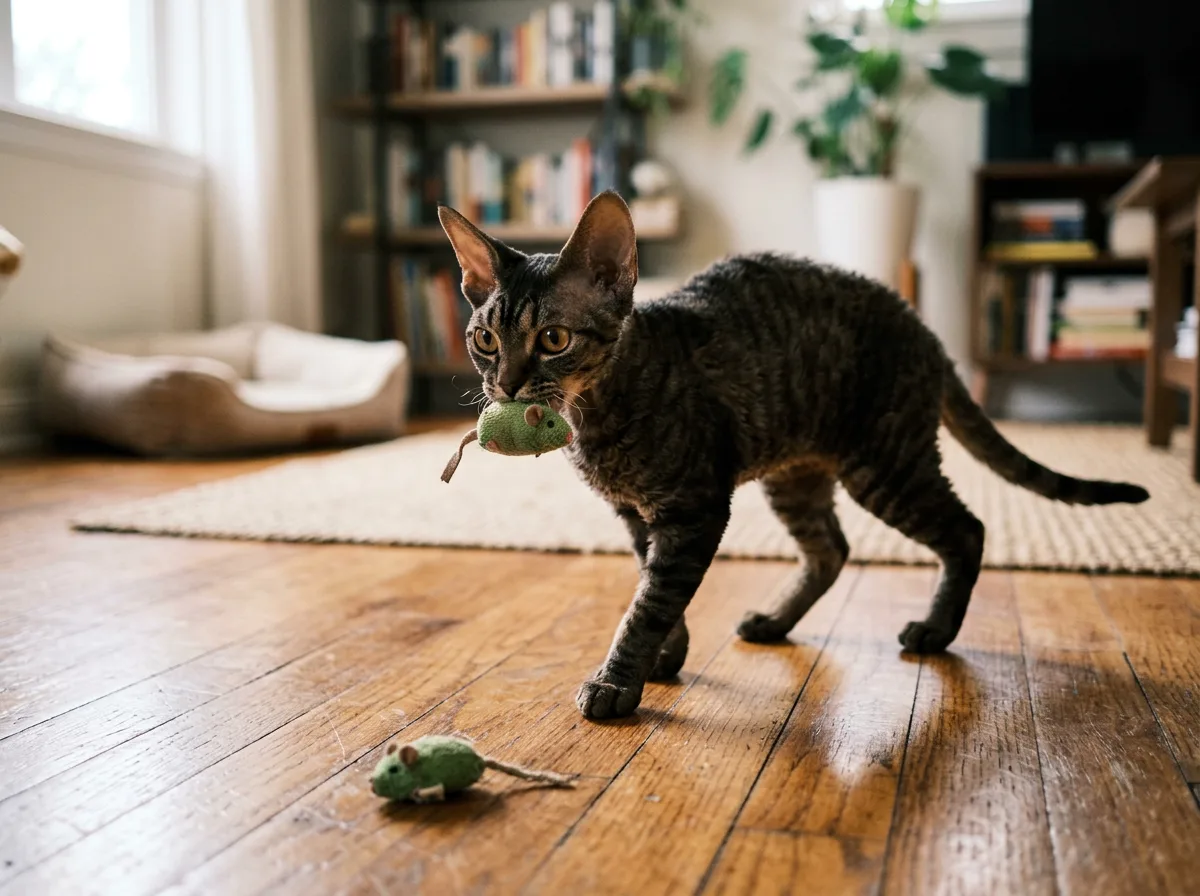 Devon Rex cat carrying a small toy while playing fetch