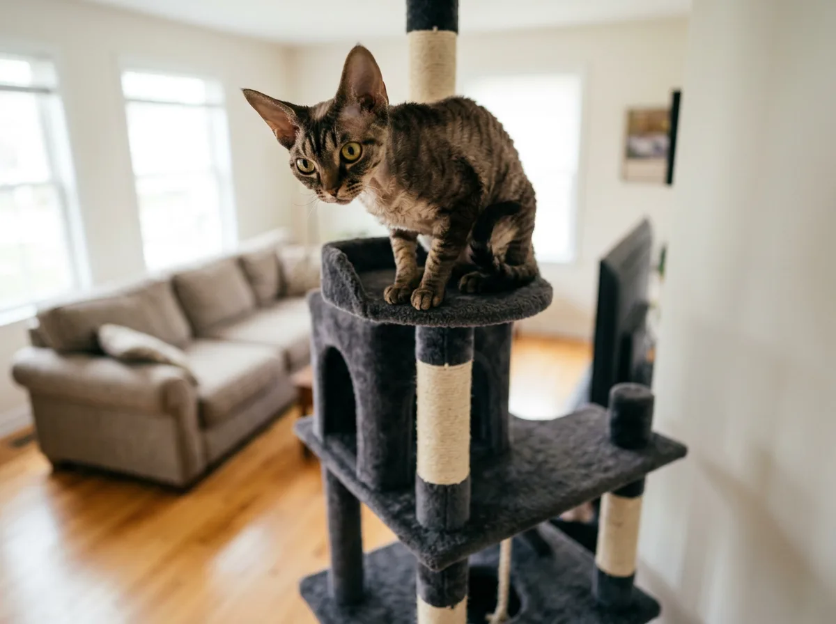 A curious Devon Rex perched on top of a tall cat tree surveying the room