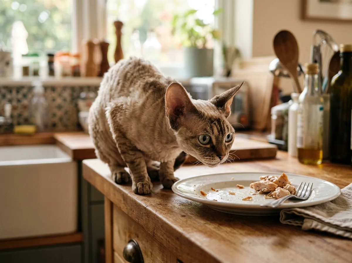 Curious Devon Rex cat on a kitchen counter eyeing a plate of food