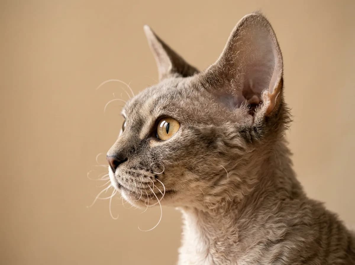 Adult Devon Rex profile showing prominent cheekbones, large eyes, and curled whiskers
