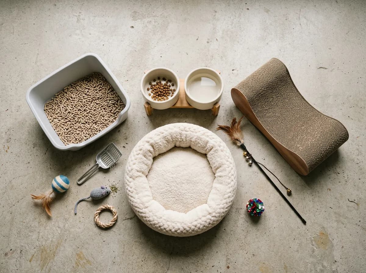 Devon Rex starter supplies flat-lay illustrating one-time setup costs