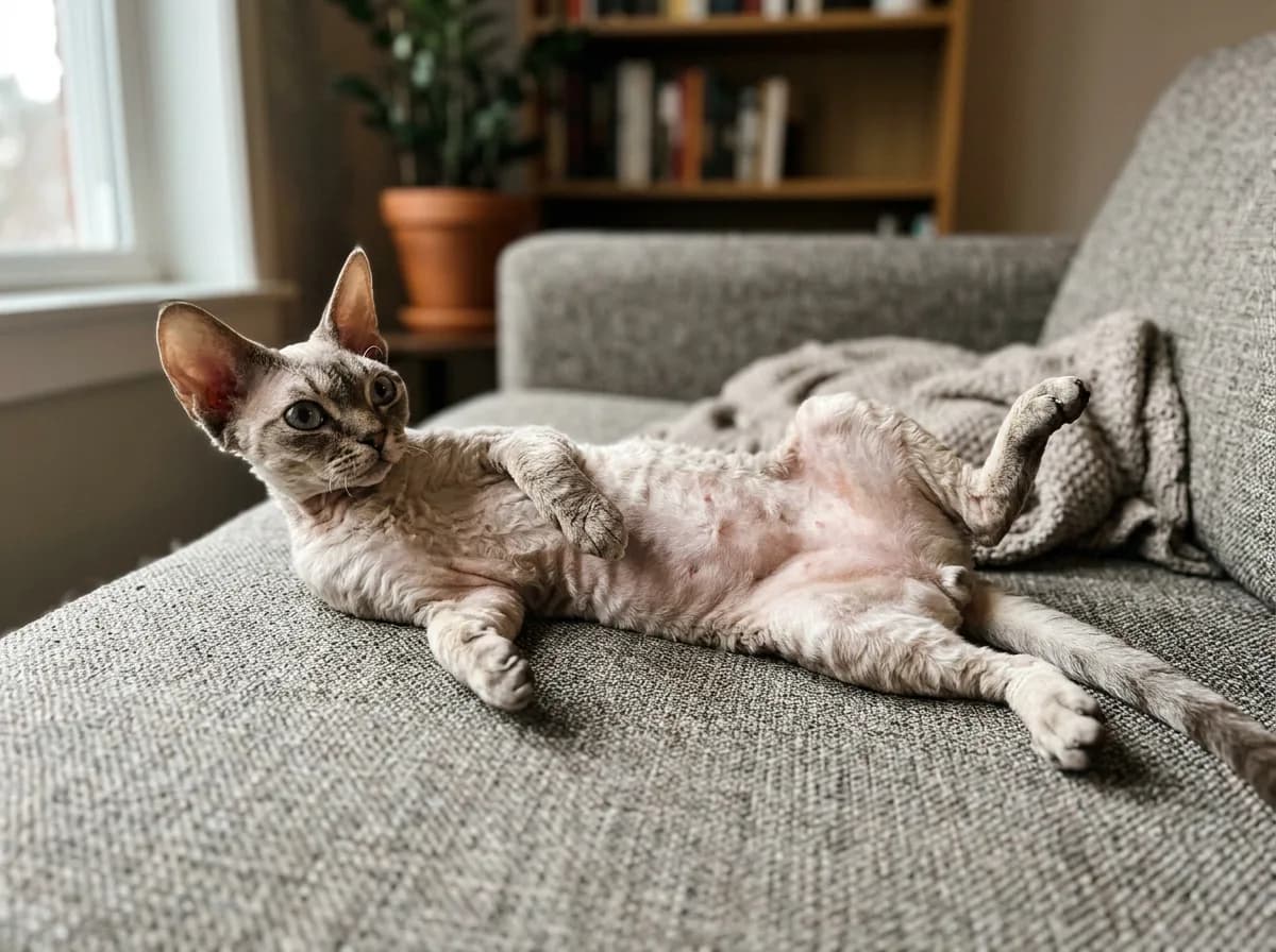 Devon Rex showing sparse belly fur and slender body, a trait tied to its grooming and care costs