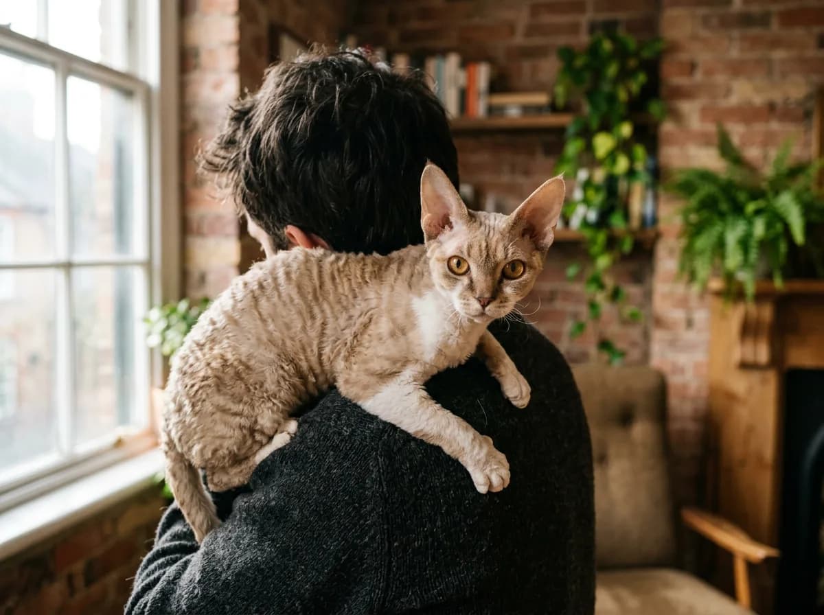 Clingy dog-like Devon Rex perched on its owner's shoulder, reflecting the breed's high-demand personality