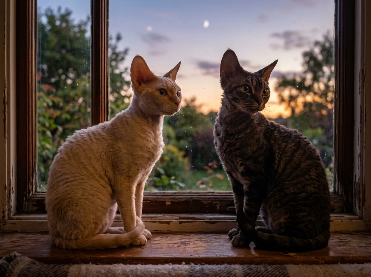 Two differently colored Devon Rex cats side by side, showing how coat color influences kitten price