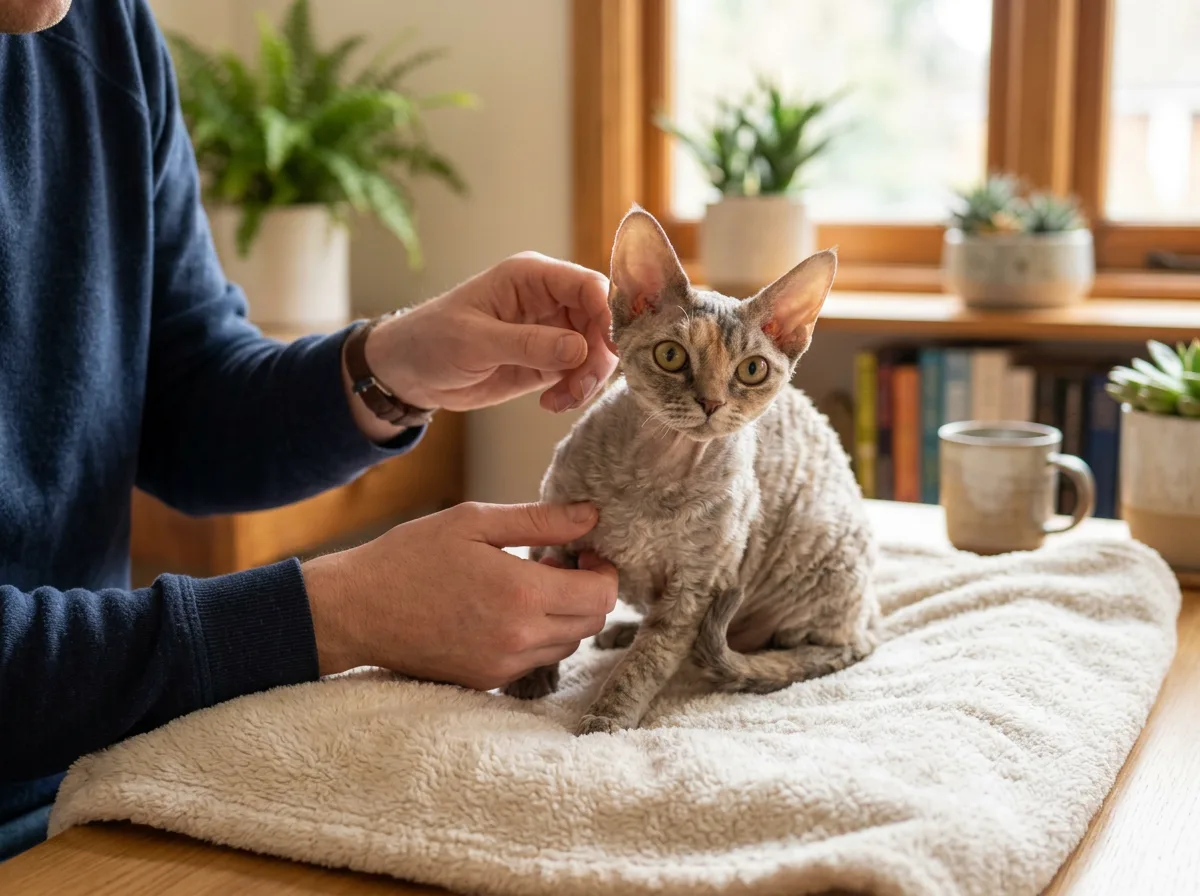 Devon Rex being checked at home, illustrating ongoing veterinary and health costs