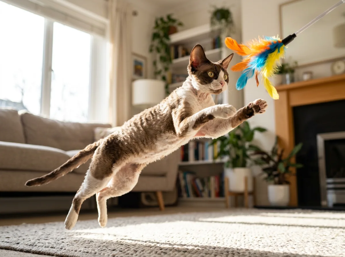 Energetic Devon Rex leaping for a toy, representing the long-term cost and care of an active breed