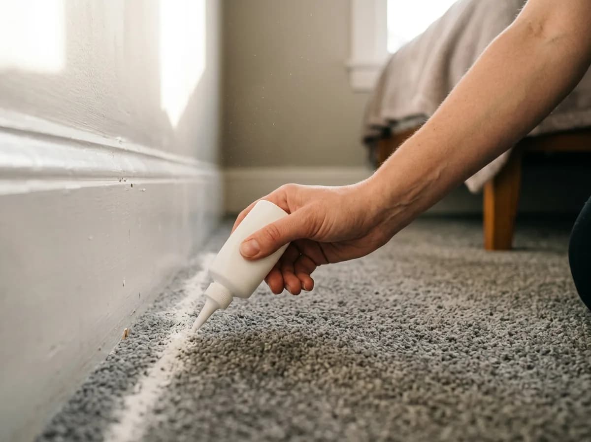 Hand squeezing a white puffer bottle to lay a powder line along a bedroom baseboard