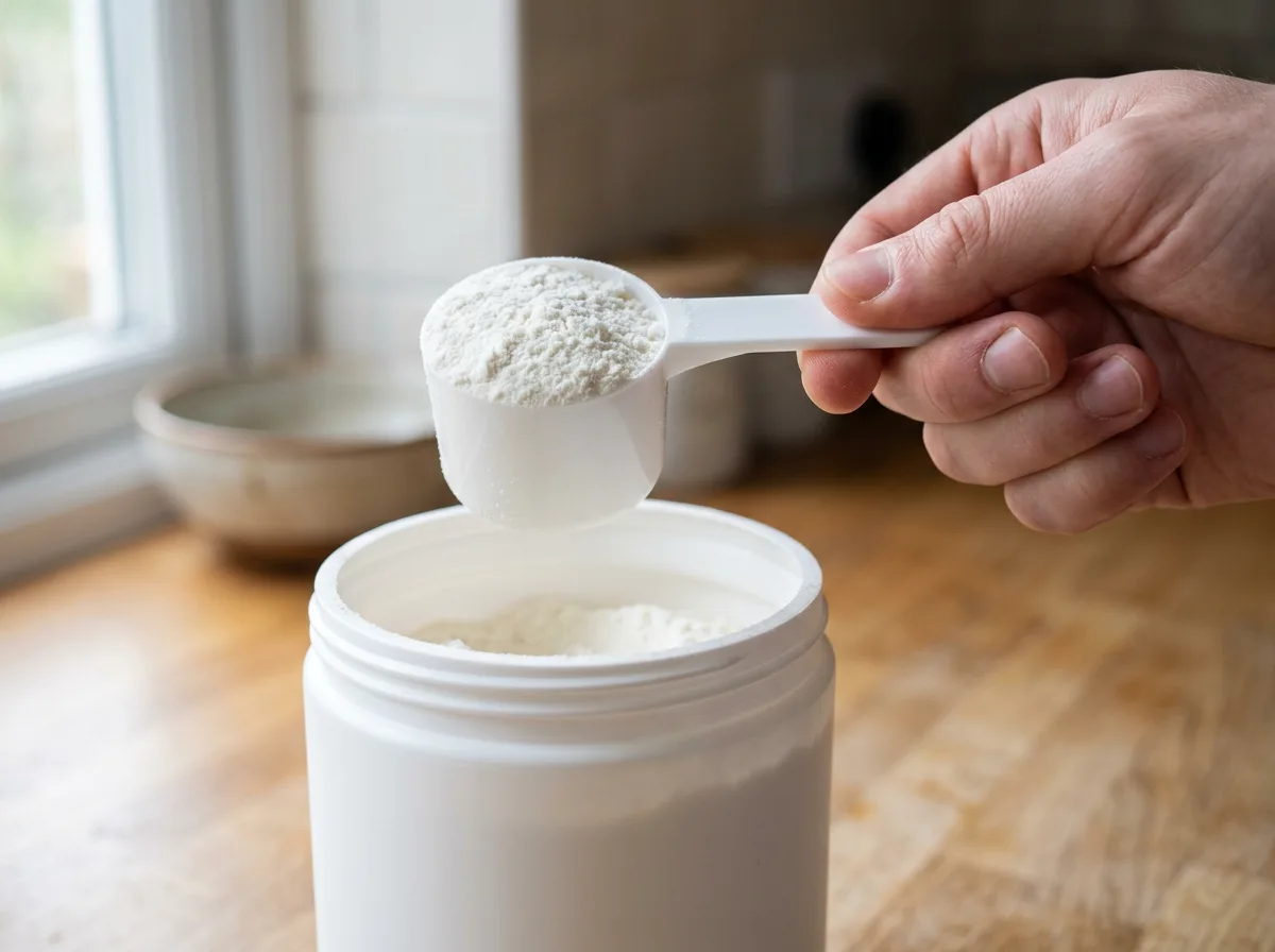 Hand holding a plain white scoop of fine white powder above an open white tub