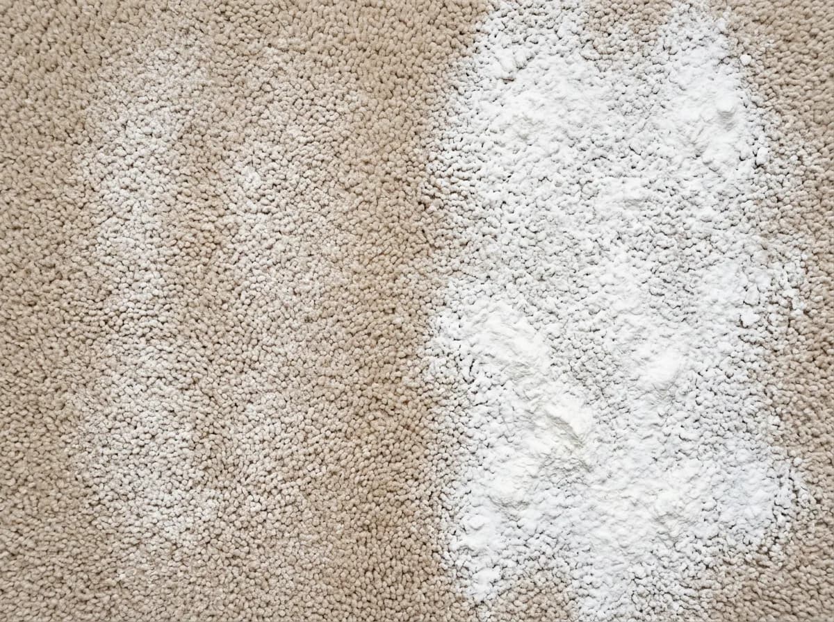 Beige carpet split between a barely visible powder dusting and a heavy chalky layer