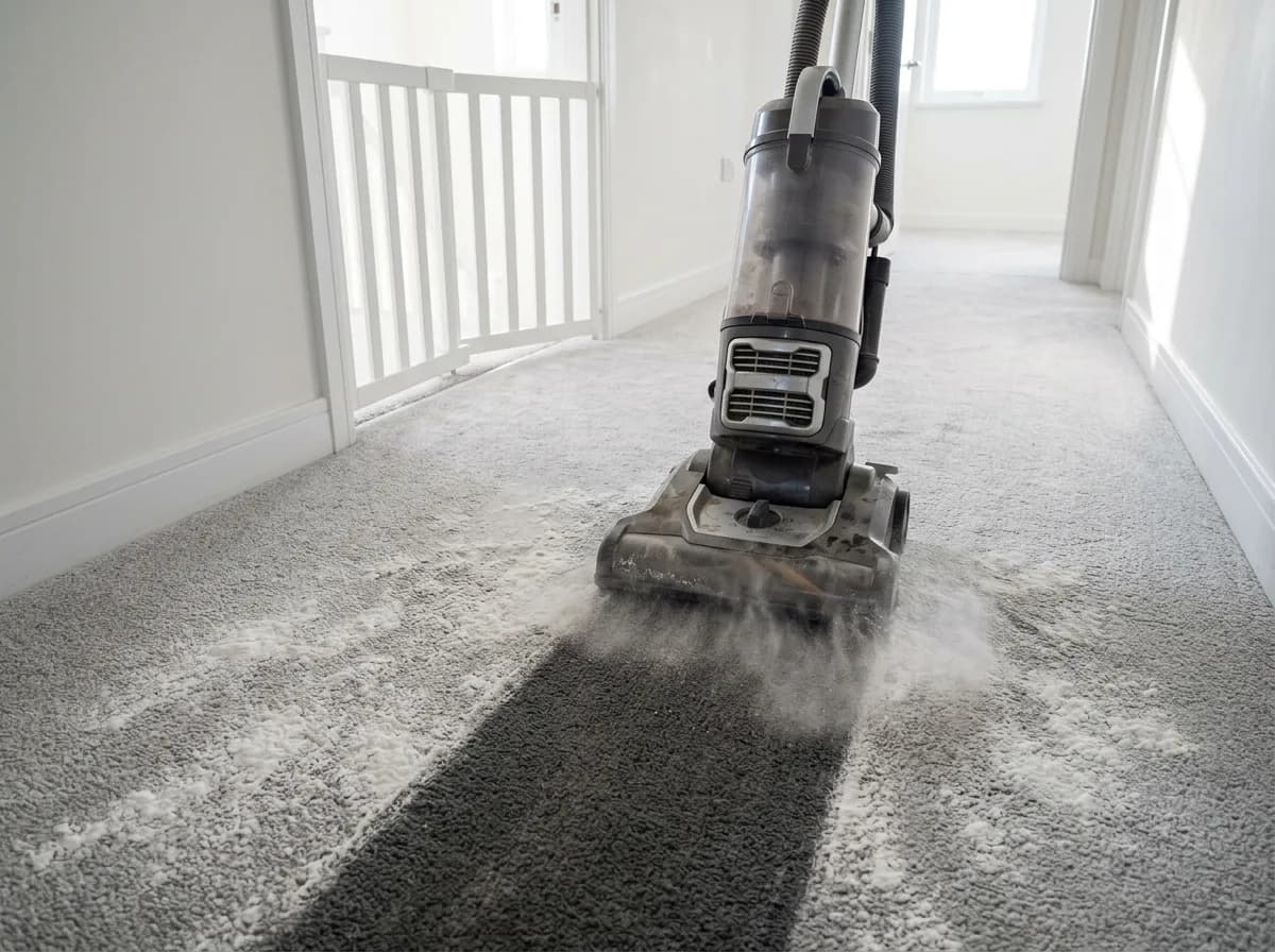 Upright vacuum lifting white powder residue from grey carpet, leaving a clean dark track