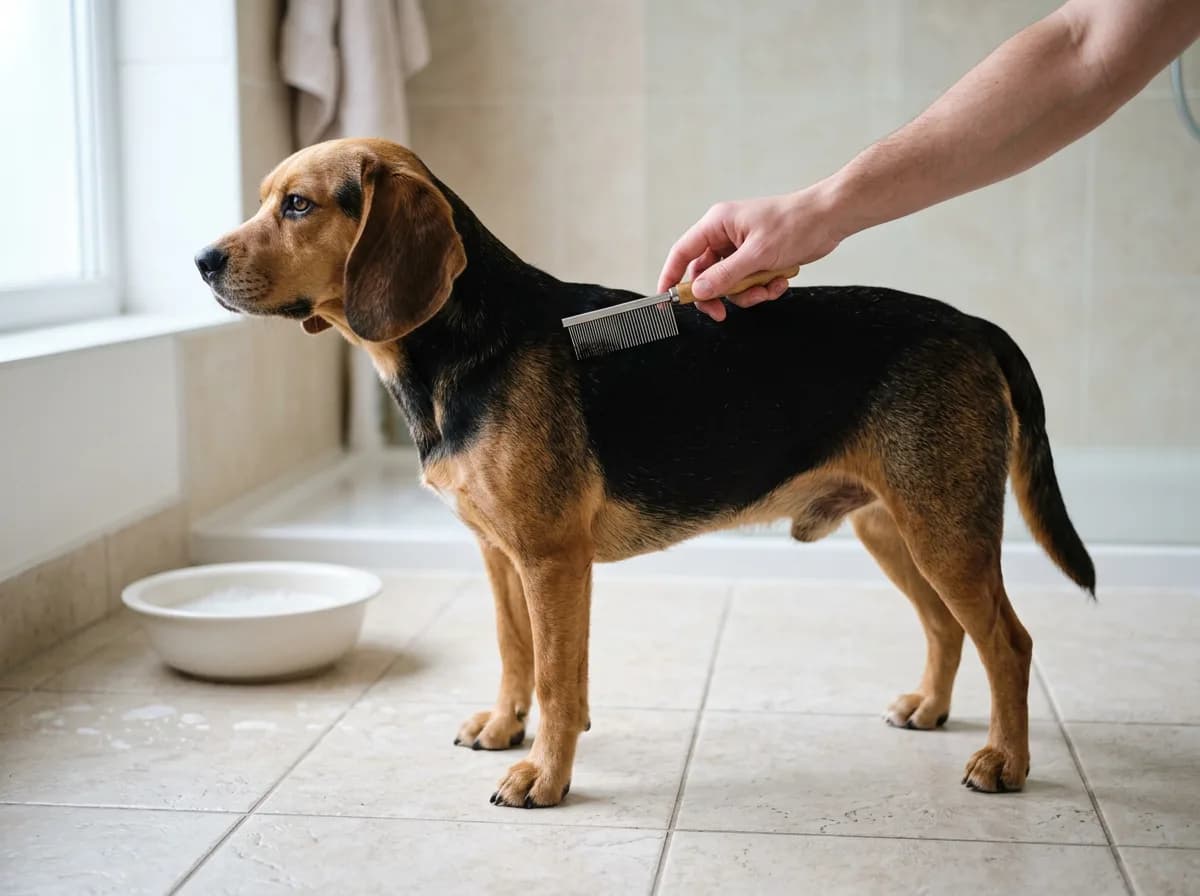 Black and tan beagle standing on bathroom tile while a metal flea comb parts its coat