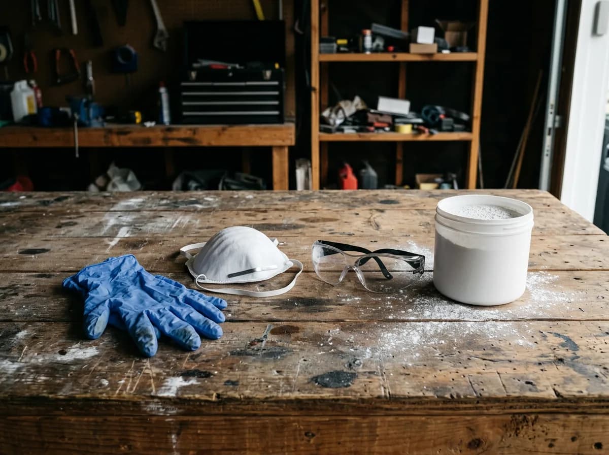 Blue gloves, dust mask, safety goggles and an open tub of white powder on a workbench