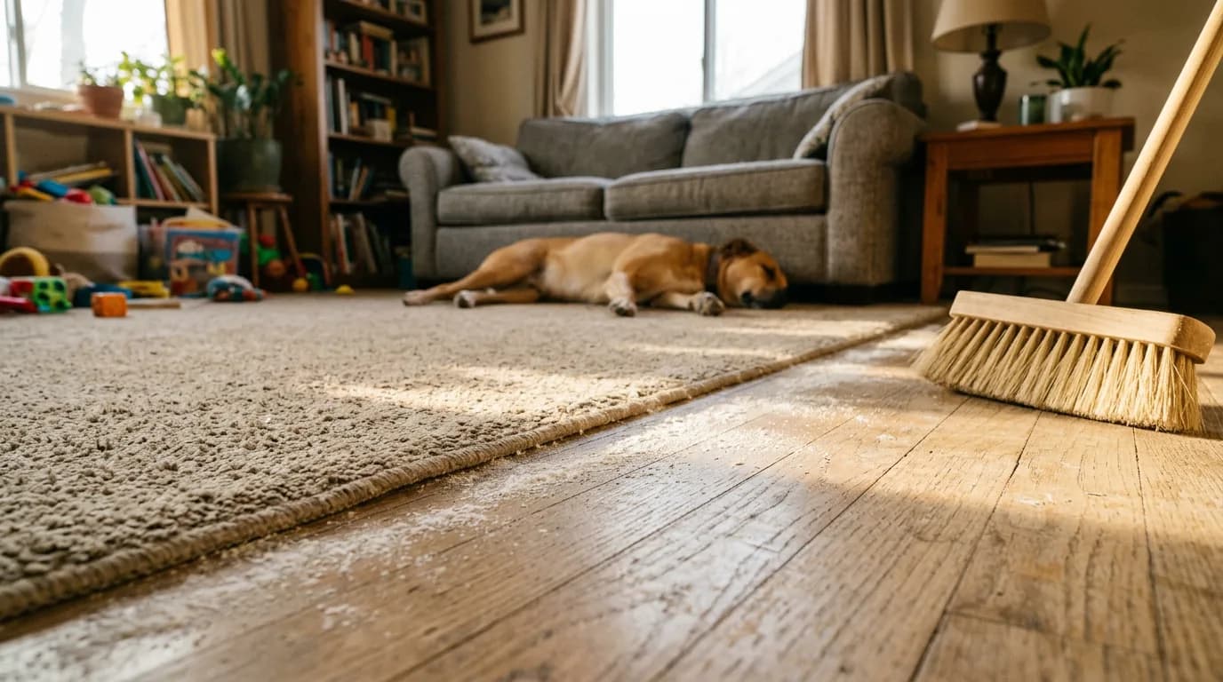 Thin white powder line along floorboards beside a rug, broom upright, dog asleep behind