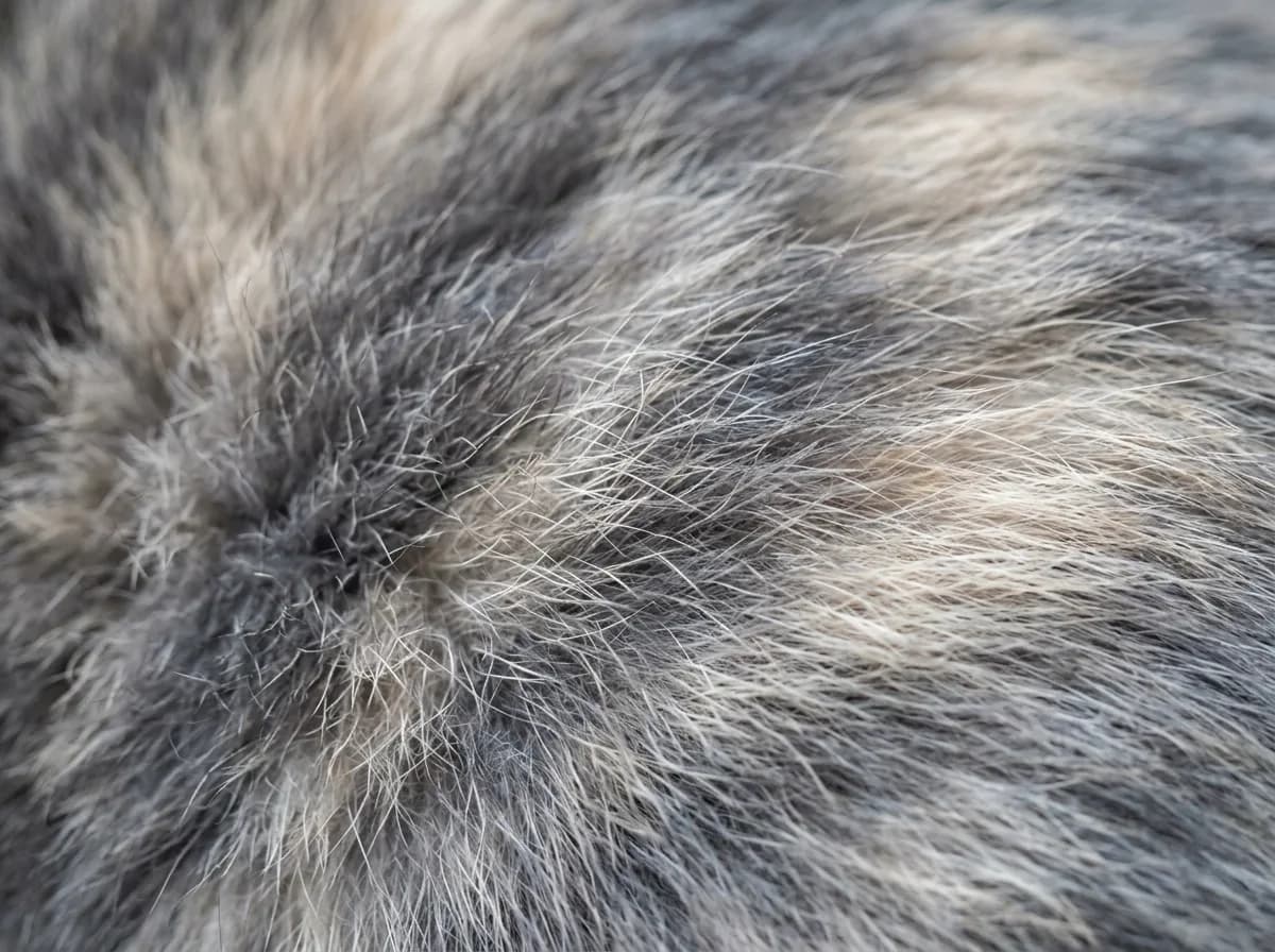 Extreme close-up of a dilute tortoiseshell coat showing individual blue-gray and cream hairs blended together, with the soft hazy boundary between the two colors