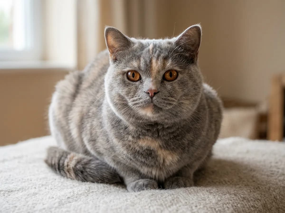 A British Shorthair cat in a plush blue-cream dilute tortoiseshell coat, showing the breed's round face and dense fur