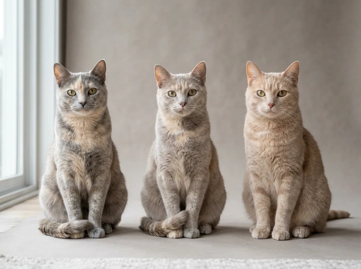 Three dilute tortoiseshell cats shown together representing blue-cream, lilac-cream, and fawn-cream coat variations side by side