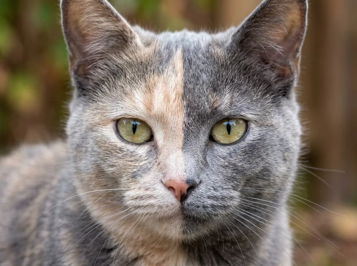 Close-up of a dilute tortoiseshell cat's face split between blue-gray and cream, the classic two-toned face that confirms a tortie