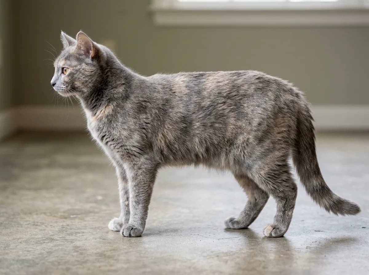 Full-body photo of a dilute tortoiseshell cat standing, showing how the blue and cream blend across the back, sides, and legs